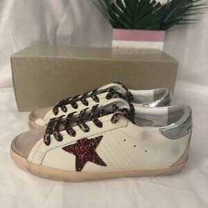 Golden Goose Sneakers with Glitter Red Star and Silver Accents
